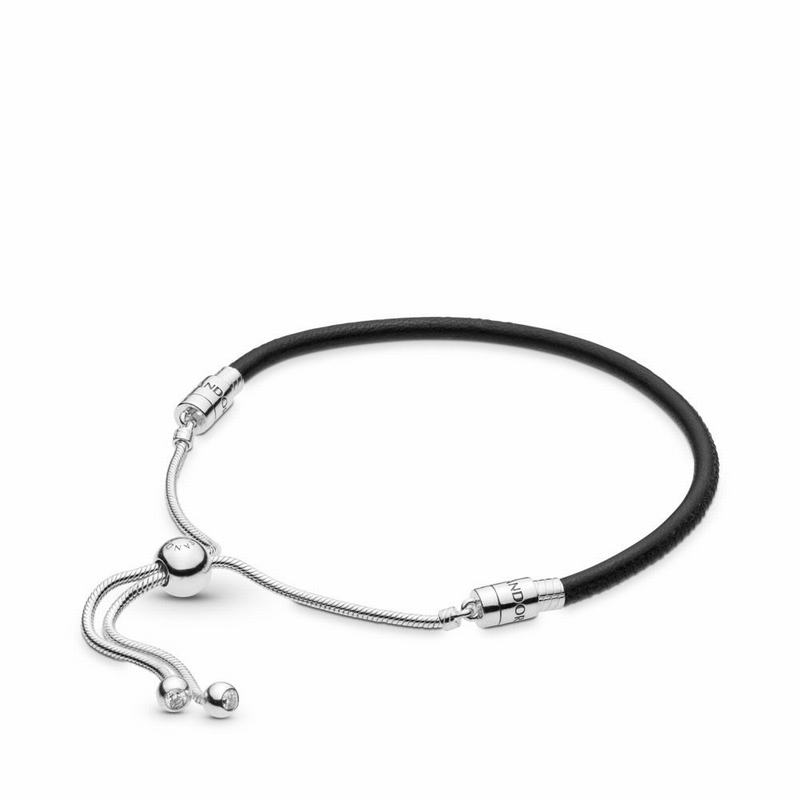 Pandora Sliding Black Leather Bracelet - Sterling Silver/Leather/Black/Cubic Zirconia - Canada | VR7